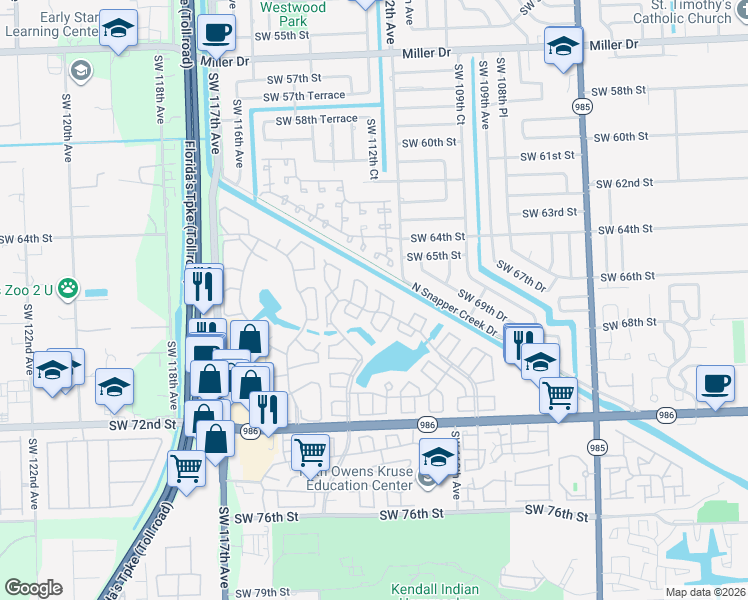 map of restaurants, bars, coffee shops, grocery stores, and more near 6615 Southwest 113th Avenue in Miami