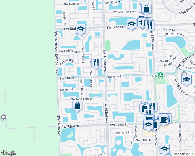 map of restaurants, bars, coffee shops, grocery stores, and more near 6422 Southwest 162nd Court in Miami