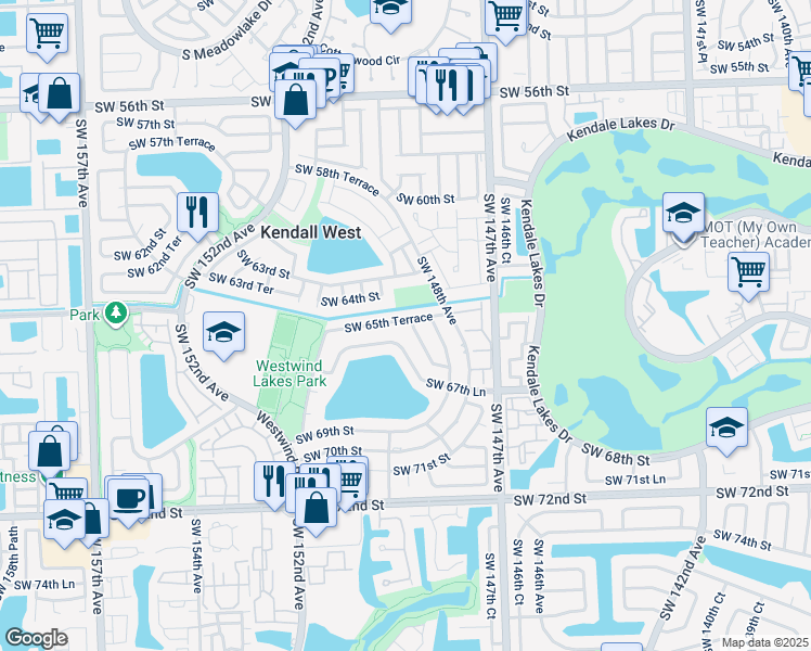 map of restaurants, bars, coffee shops, grocery stores, and more near 14912 Southwest 65th Terrace in Miami