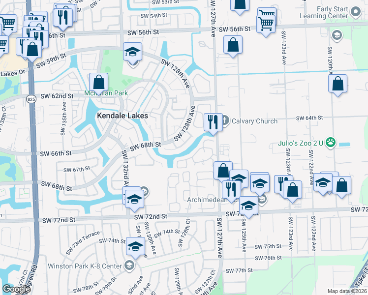 map of restaurants, bars, coffee shops, grocery stores, and more near 6571 SW 127th Path in Miami
