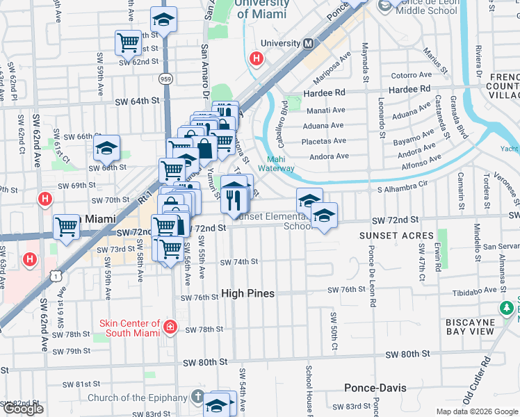 map of restaurants, bars, coffee shops, grocery stores, and more near 1319 San Ignacio Avenue in Coral Gables