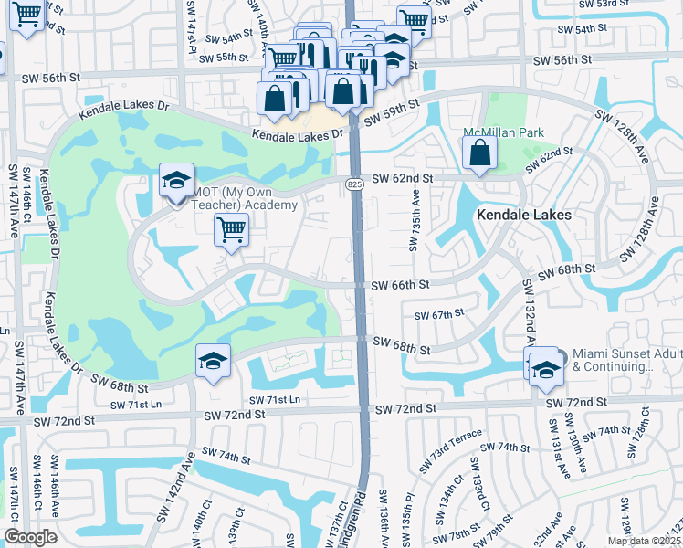 map of restaurants, bars, coffee shops, grocery stores, and more near in Kendale Lakes