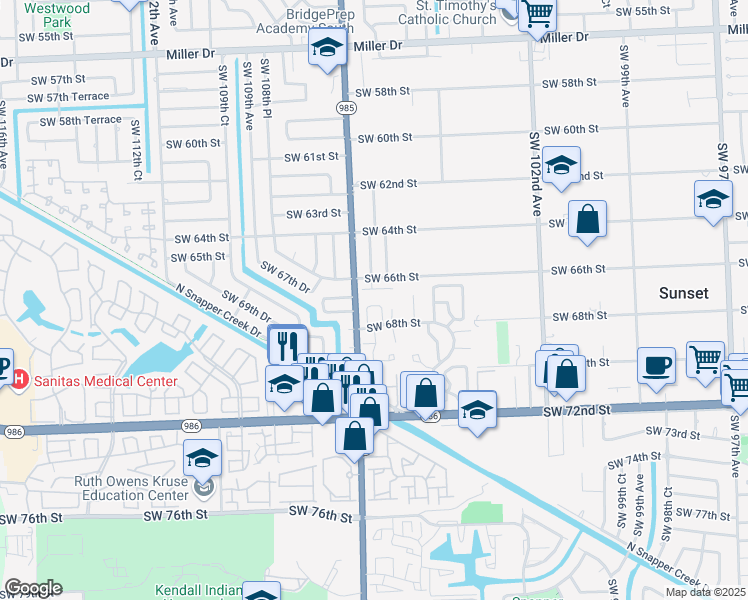 map of restaurants, bars, coffee shops, grocery stores, and more near 10621 Southwest 67th Street in Miami