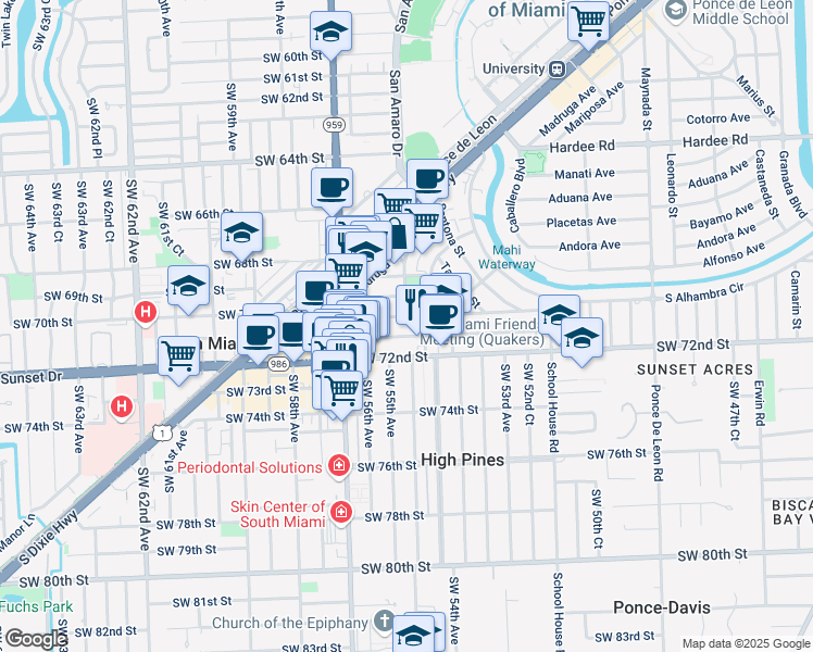 map of restaurants, bars, coffee shops, grocery stores, and more near 1500 San Remo Avenue in Coral Gables