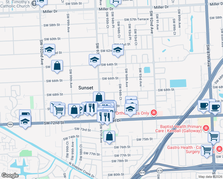 map of restaurants, bars, coffee shops, grocery stores, and more near 9505 Southwest 68th Street in Miami