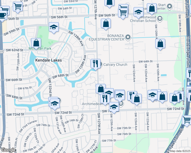 map of restaurants, bars, coffee shops, grocery stores, and more near 6605 Southwest 127th Avenue in Miami