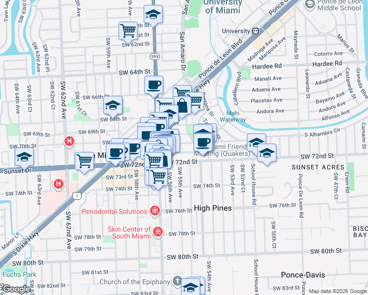map of restaurants, bars, coffee shops, grocery stores, and more near 1500 San Remo Avenue in Coral Gables