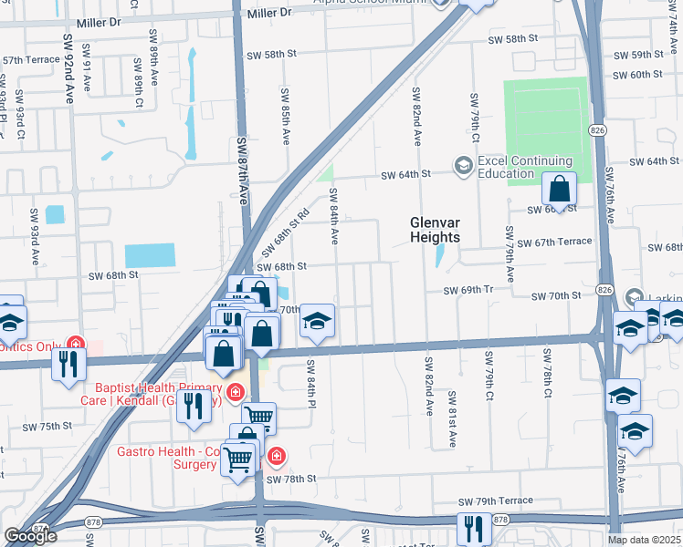 map of restaurants, bars, coffee shops, grocery stores, and more near 6811 Southwest 84th Avenue in Miami