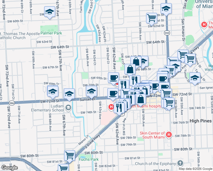 map of restaurants, bars, coffee shops, grocery stores, and more near 6230 Southwest 70th Street in South Miami