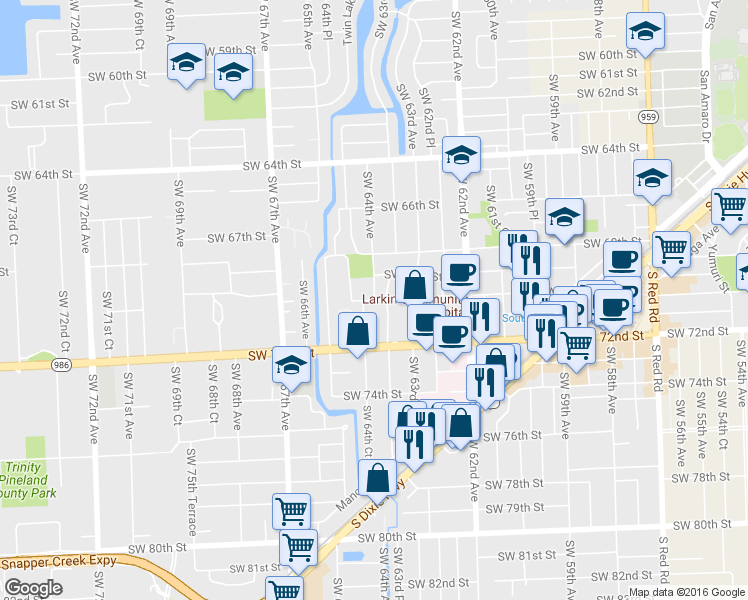 map of restaurants, bars, coffee shops, grocery stores, and more near 8780 SW 64th Ave in South Miami