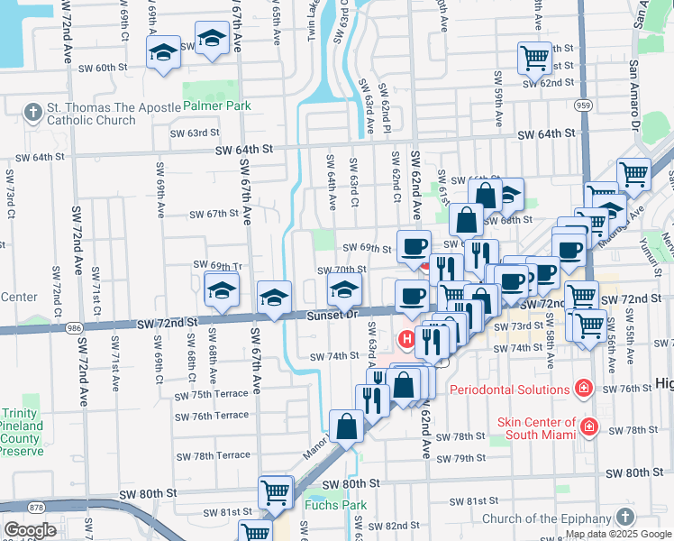 map of restaurants, bars, coffee shops, grocery stores, and more near 12917 Southwest 64th Avenue in South Miami