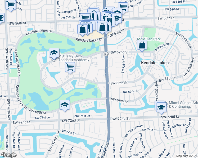 map of restaurants, bars, coffee shops, grocery stores, and more near 13707 Southwest 66th Street in Miami