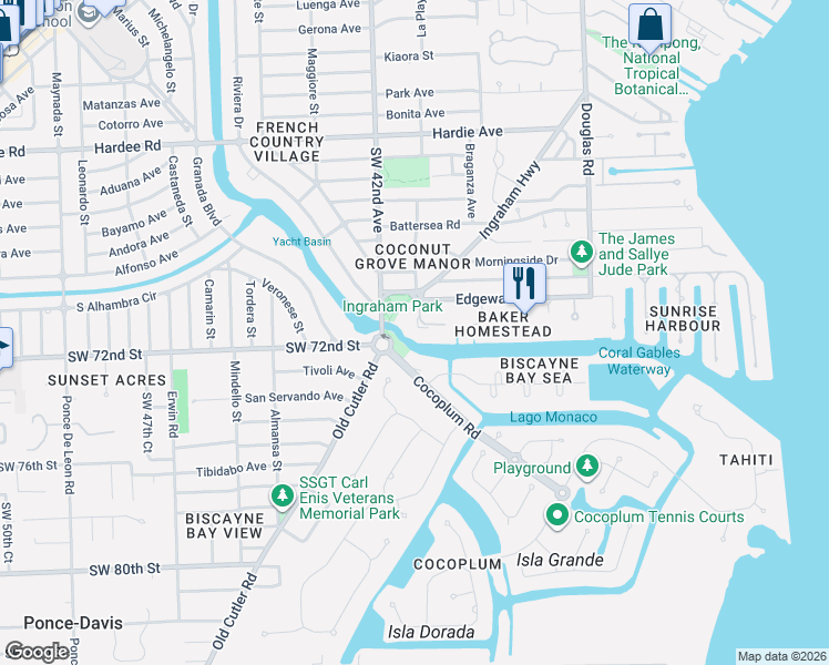 map of restaurants, bars, coffee shops, grocery stores, and more near 210 Edgewater Drive in Coral Gables