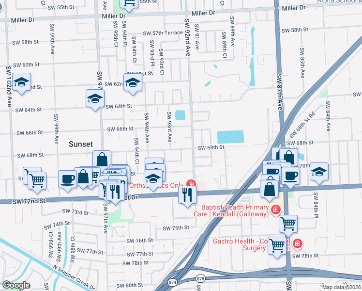 map of restaurants, bars, coffee shops, grocery stores, and more near 9220 Southwest 68th Street in Miami