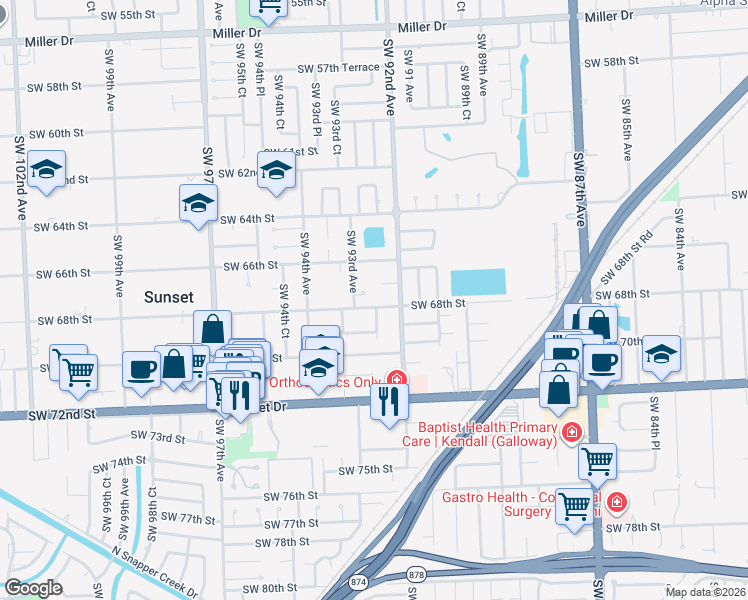 map of restaurants, bars, coffee shops, grocery stores, and more near 9220 Southwest 68th Street in Miami