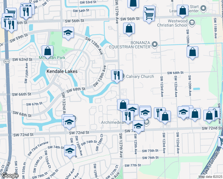 map of restaurants, bars, coffee shops, grocery stores, and more near 6610 Southwest 128th Court in Miami