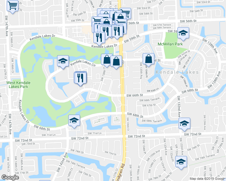 map of restaurants, bars, coffee shops, grocery stores, and more near 13707 Southwest 66th Street in Miami