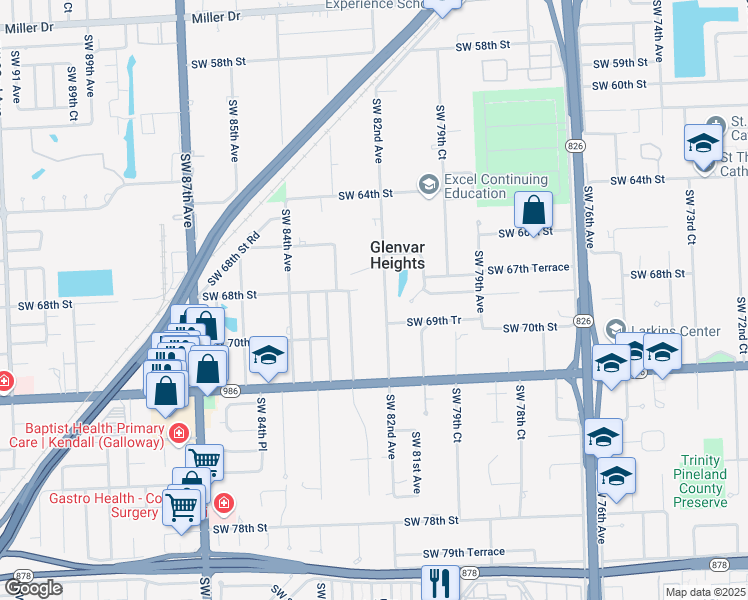 map of restaurants, bars, coffee shops, grocery stores, and more near 6860 Southwest 82nd Avenue in Miami