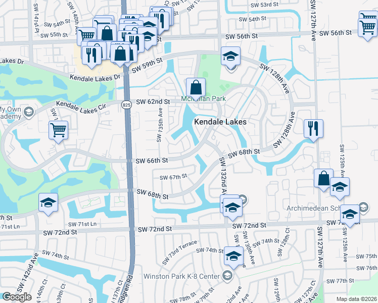 map of restaurants, bars, coffee shops, grocery stores, and more near 13360 Southwest 66th Street in Miami