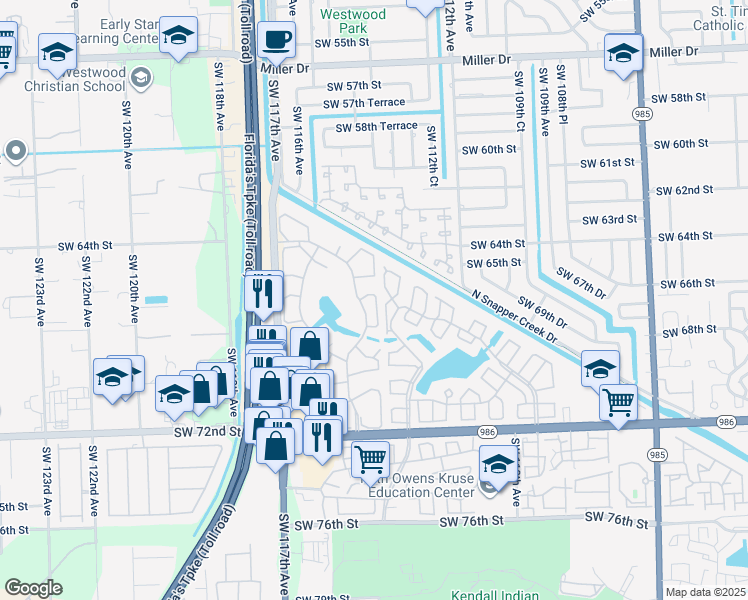 map of restaurants, bars, coffee shops, grocery stores, and more near 6676 Southwest 115th Court in Miami