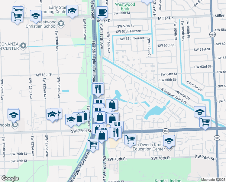 map of restaurants, bars, coffee shops, grocery stores, and more near 6701 Southwest 116th Court in Miami