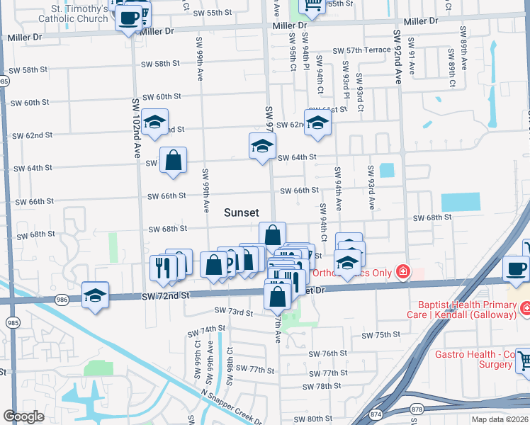 map of restaurants, bars, coffee shops, grocery stores, and more near 9701 Southwest 68th Street in Miami