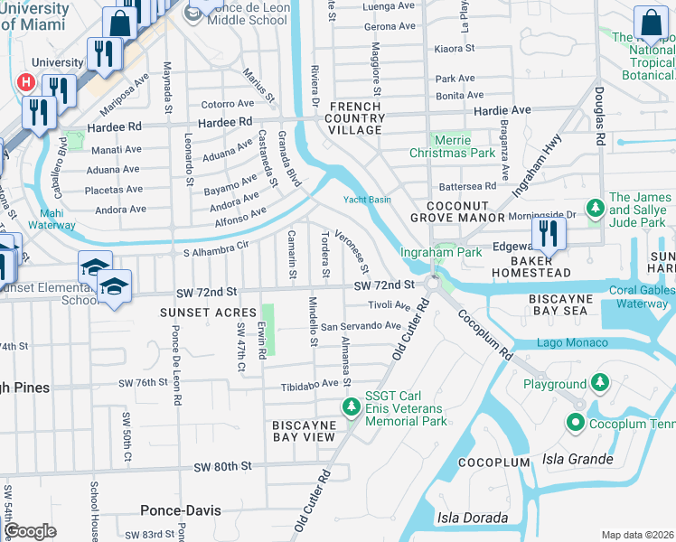 map of restaurants, bars, coffee shops, grocery stores, and more near 6945 Almansa Street in Coral Gables