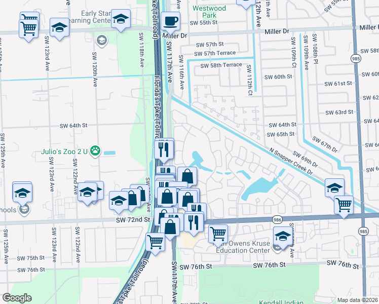 map of restaurants, bars, coffee shops, grocery stores, and more near 6601 Southwest 116th Court in Miami
