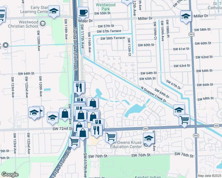 map of restaurants, bars, coffee shops, grocery stores, and more near 6676 Southwest 115th Court in Miami