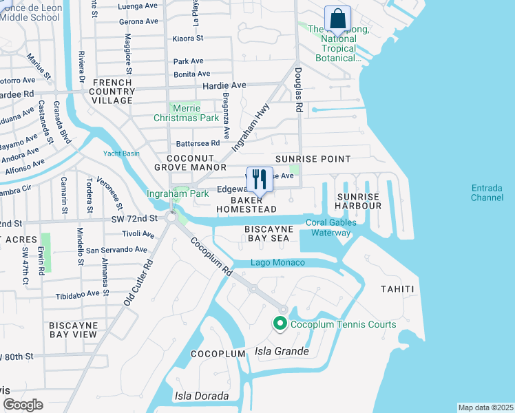 map of restaurants, bars, coffee shops, grocery stores, and more near 100 Edgewater Drive in Miami