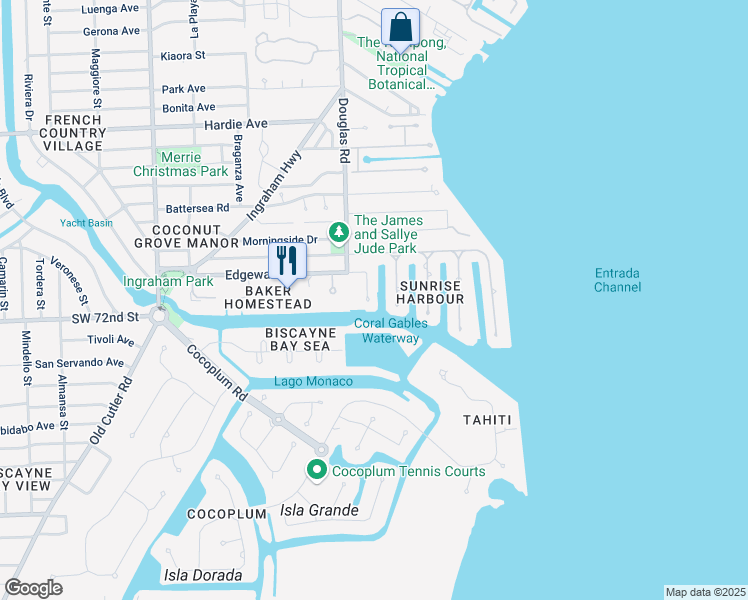map of restaurants, bars, coffee shops, grocery stores, and more near 6901 Edgewater Drive in Coral Gables