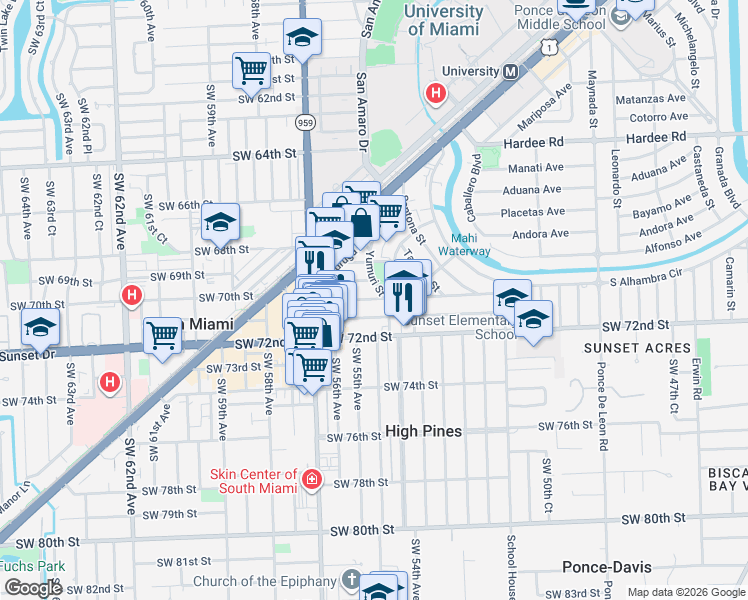 map of restaurants, bars, coffee shops, grocery stores, and more near 1500 San Remo Avenue in Coral Gables