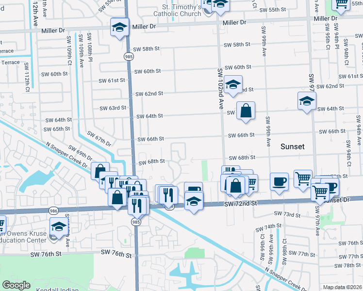 map of restaurants, bars, coffee shops, grocery stores, and more near 10400 Southwest 67th Street in Miami