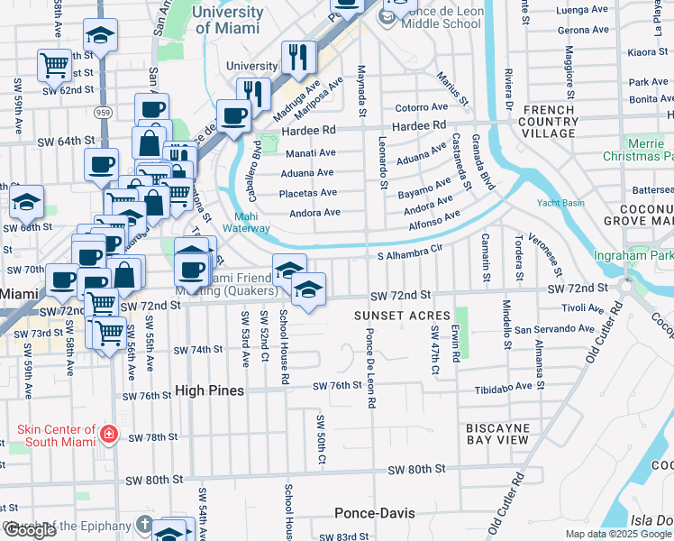 map of restaurants, bars, coffee shops, grocery stores, and more near 6907 Pallazzo Street in Coral Gables