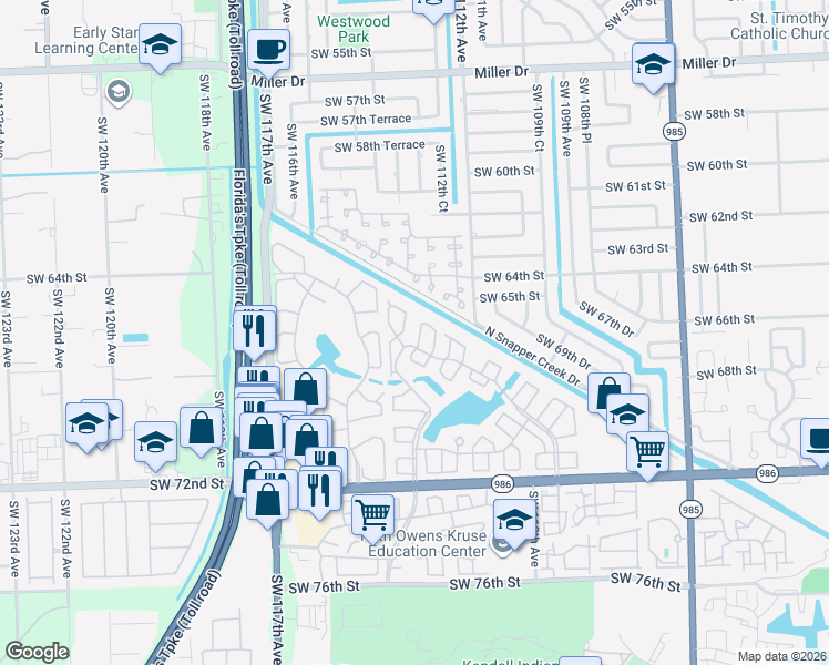 map of restaurants, bars, coffee shops, grocery stores, and more near 6609 Southwest 114th Avenue in Miami