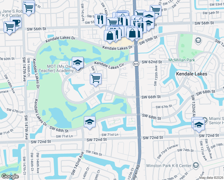 map of restaurants, bars, coffee shops, grocery stores, and more near 6605 Southwest 138th Court in Miami