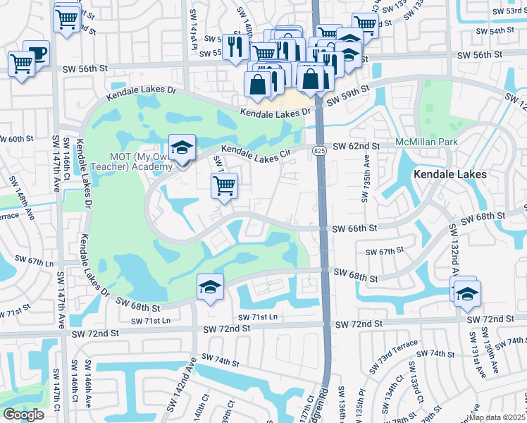 map of restaurants, bars, coffee shops, grocery stores, and more near 6605 Southwest 138th Court in Miami