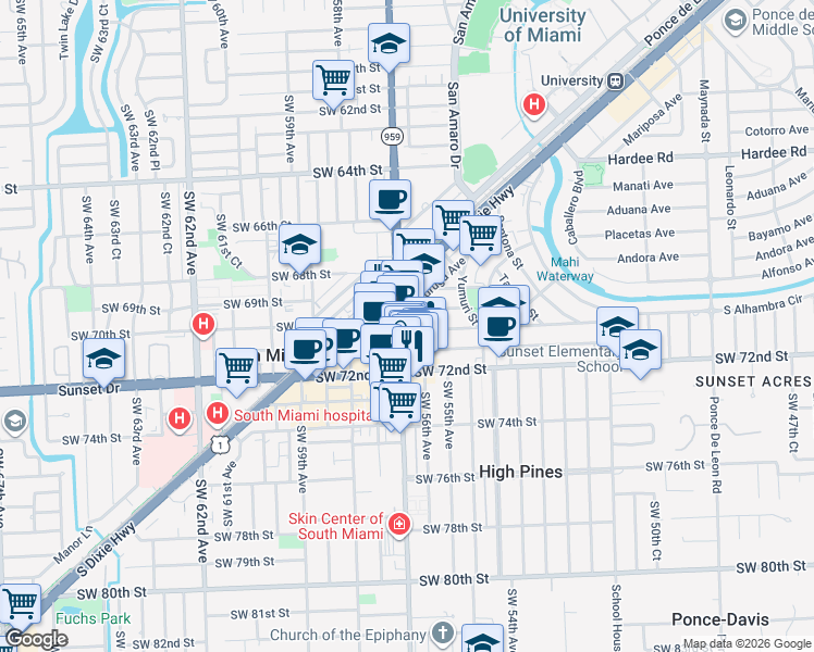 map of restaurants, bars, coffee shops, grocery stores, and more near 1575 San Ignacio Avenue in Coral Gables