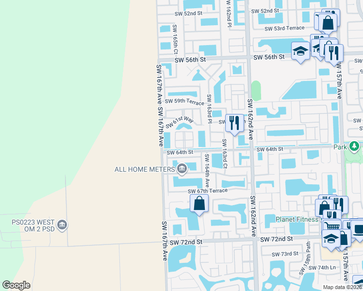 map of restaurants, bars, coffee shops, grocery stores, and more near 16581 Southwest 64th Terrace in Miami