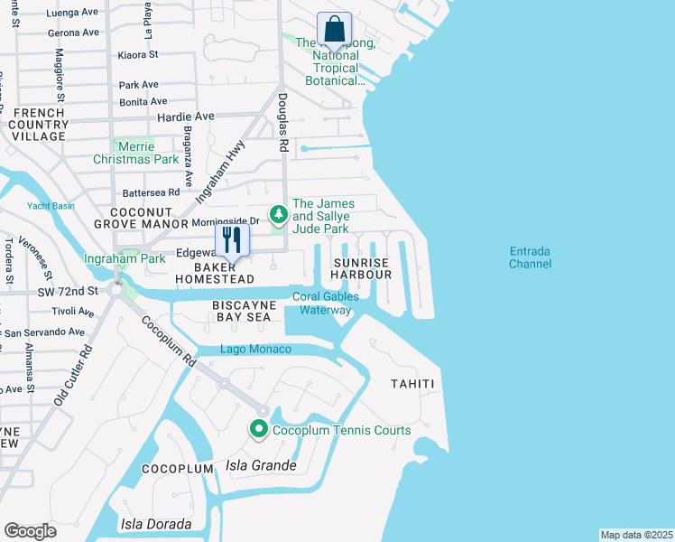 map of restaurants, bars, coffee shops, grocery stores, and more near 6931 Sunrise Place in Coral Gables
