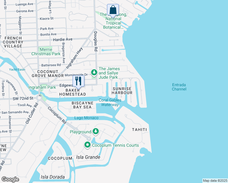 map of restaurants, bars, coffee shops, grocery stores, and more near 6931 Sunrise Place in Coral Gables