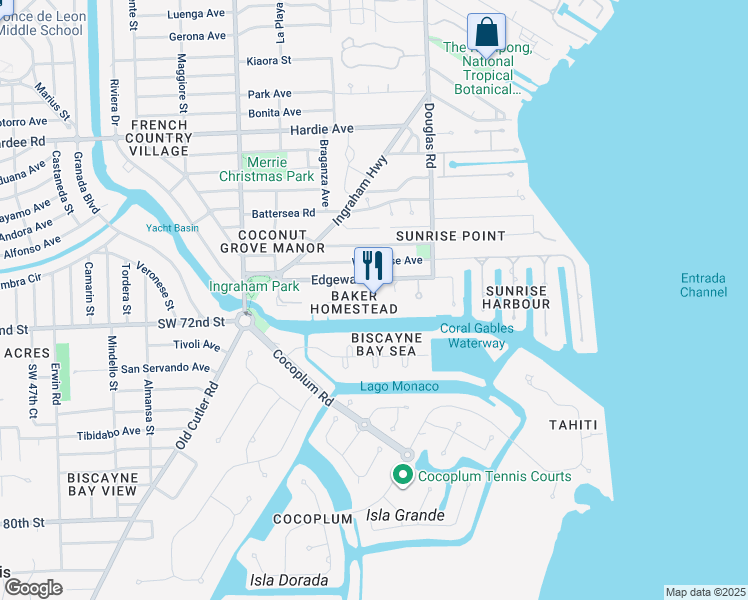 map of restaurants, bars, coffee shops, grocery stores, and more near 100 Edgewater Drive in Miami