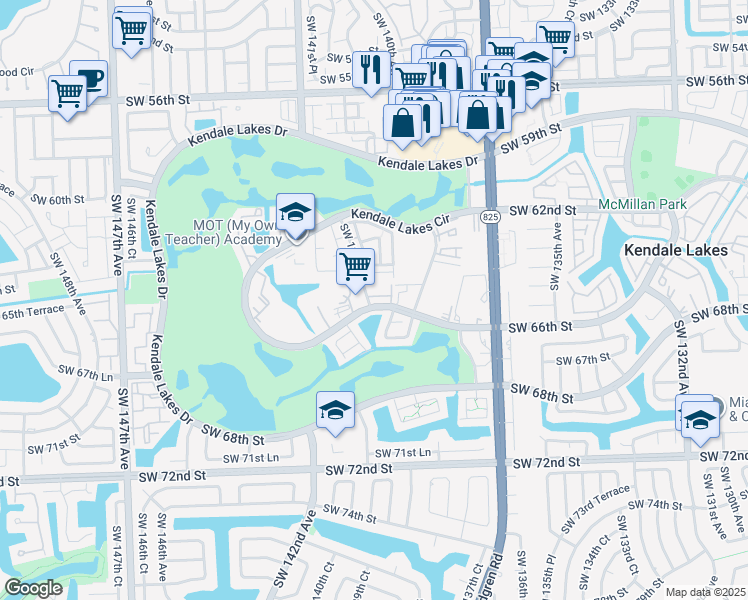 map of restaurants, bars, coffee shops, grocery stores, and more near 6626 Southwest 139th Avenue in Miami
