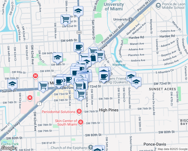 map of restaurants, bars, coffee shops, grocery stores, and more near 1500 San Remo Avenue in Coral Gables
