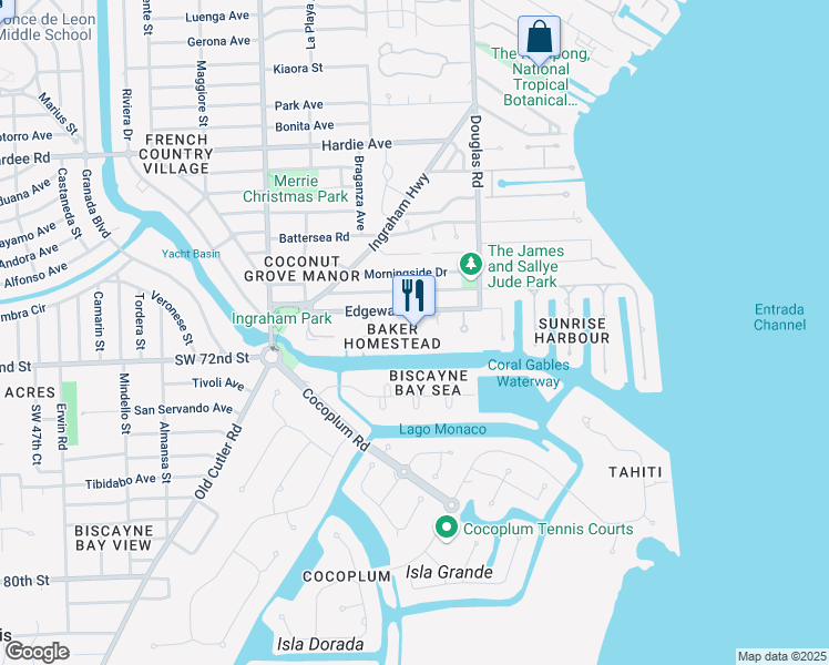map of restaurants, bars, coffee shops, grocery stores, and more near 100 Edgewater Drive in Miami