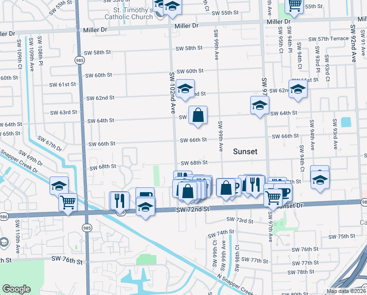 map of restaurants, bars, coffee shops, grocery stores, and more near 10151 Southwest 68th Street in Miami