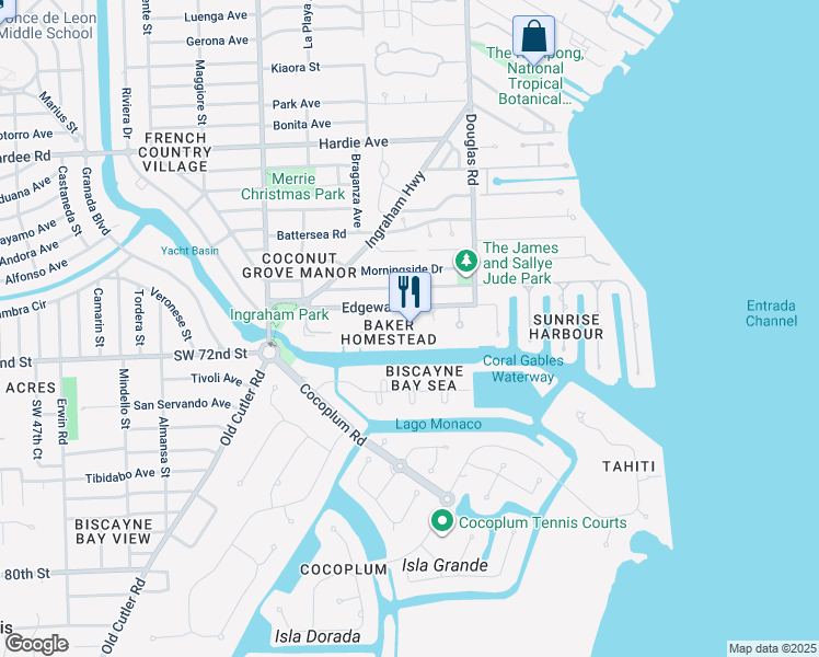 map of restaurants, bars, coffee shops, grocery stores, and more near 90 Edgewater Drive in Coral Gables