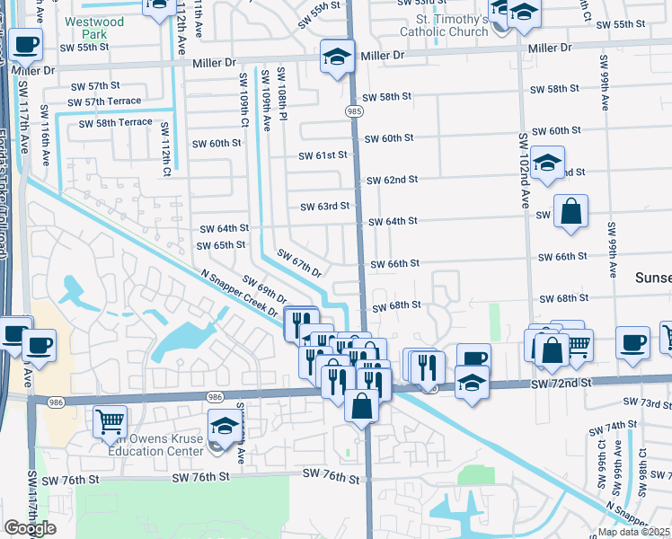 map of restaurants, bars, coffee shops, grocery stores, and more near 13370 Southwest 66th Street in Miami