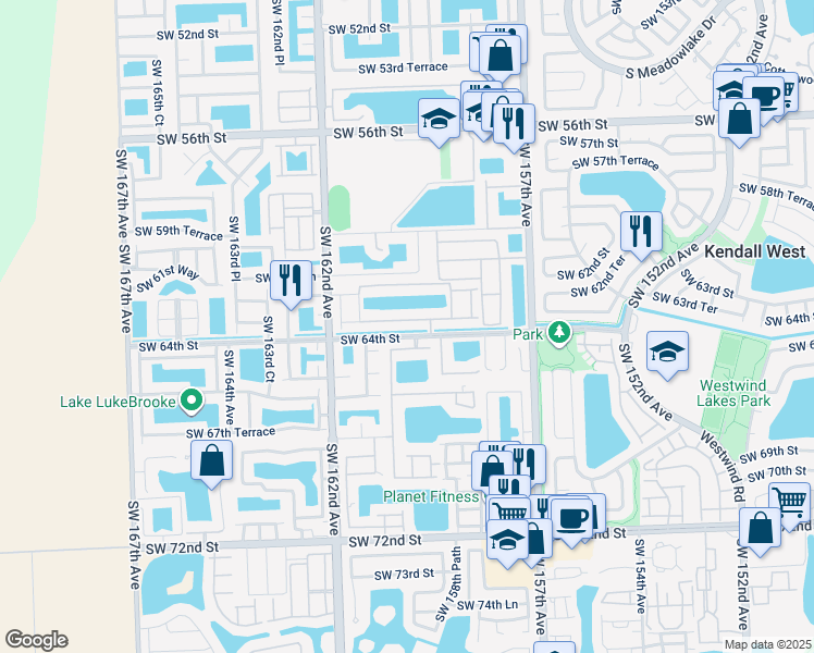 map of restaurants, bars, coffee shops, grocery stores, and more near 15962 Southwest 63rd Terrace in Miami