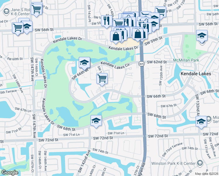 map of restaurants, bars, coffee shops, grocery stores, and more near 13856 Southwest 64th Street in Miami